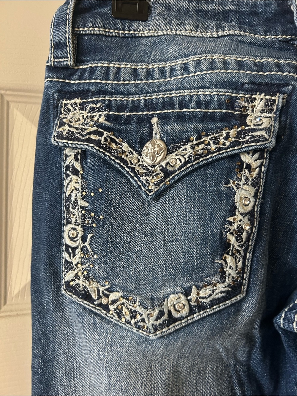 Miss Me Dark Blue Bootcut Jeans with Faded Whiskering - Picture 3 of 5